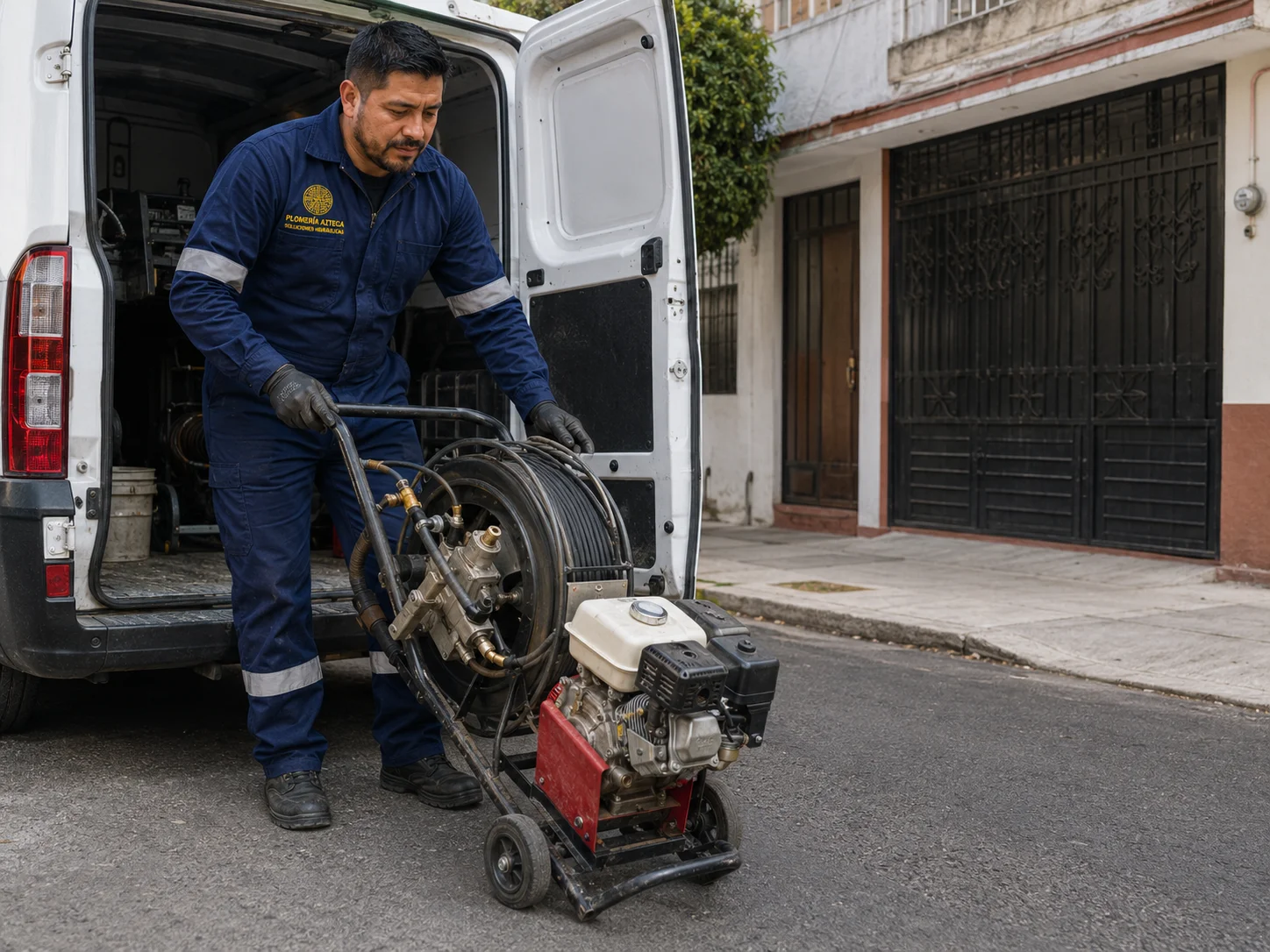 Plomero de Plomería Azteca bajando equipo de desazolve en CDMX