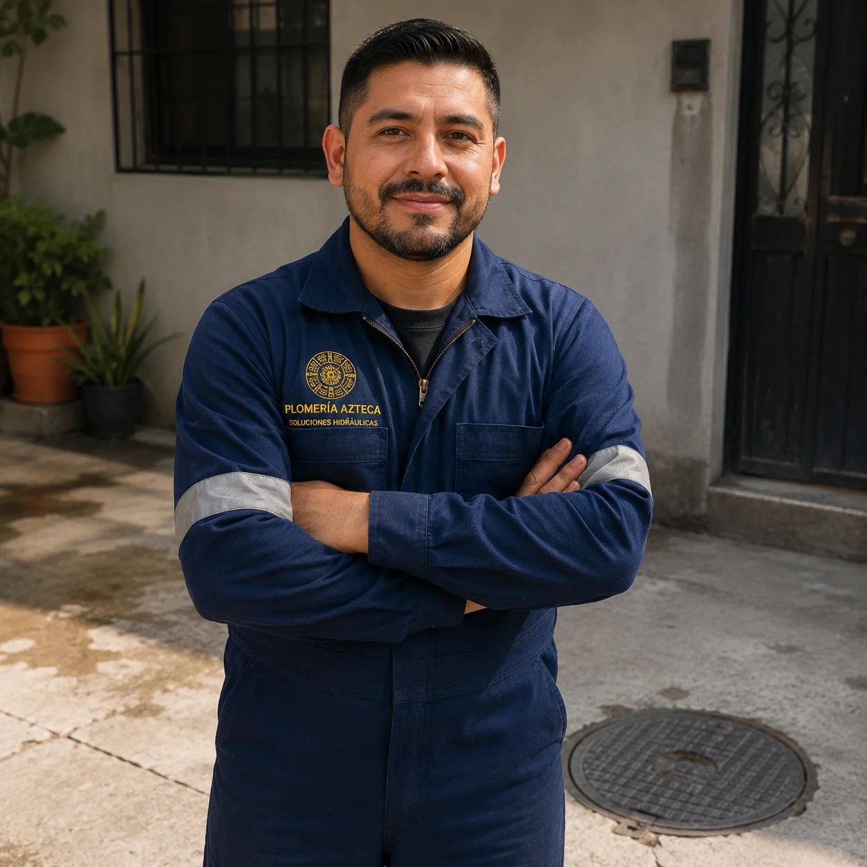 Plomero de Plomería Azteca junto a un registro ya desazolvado en CDMX