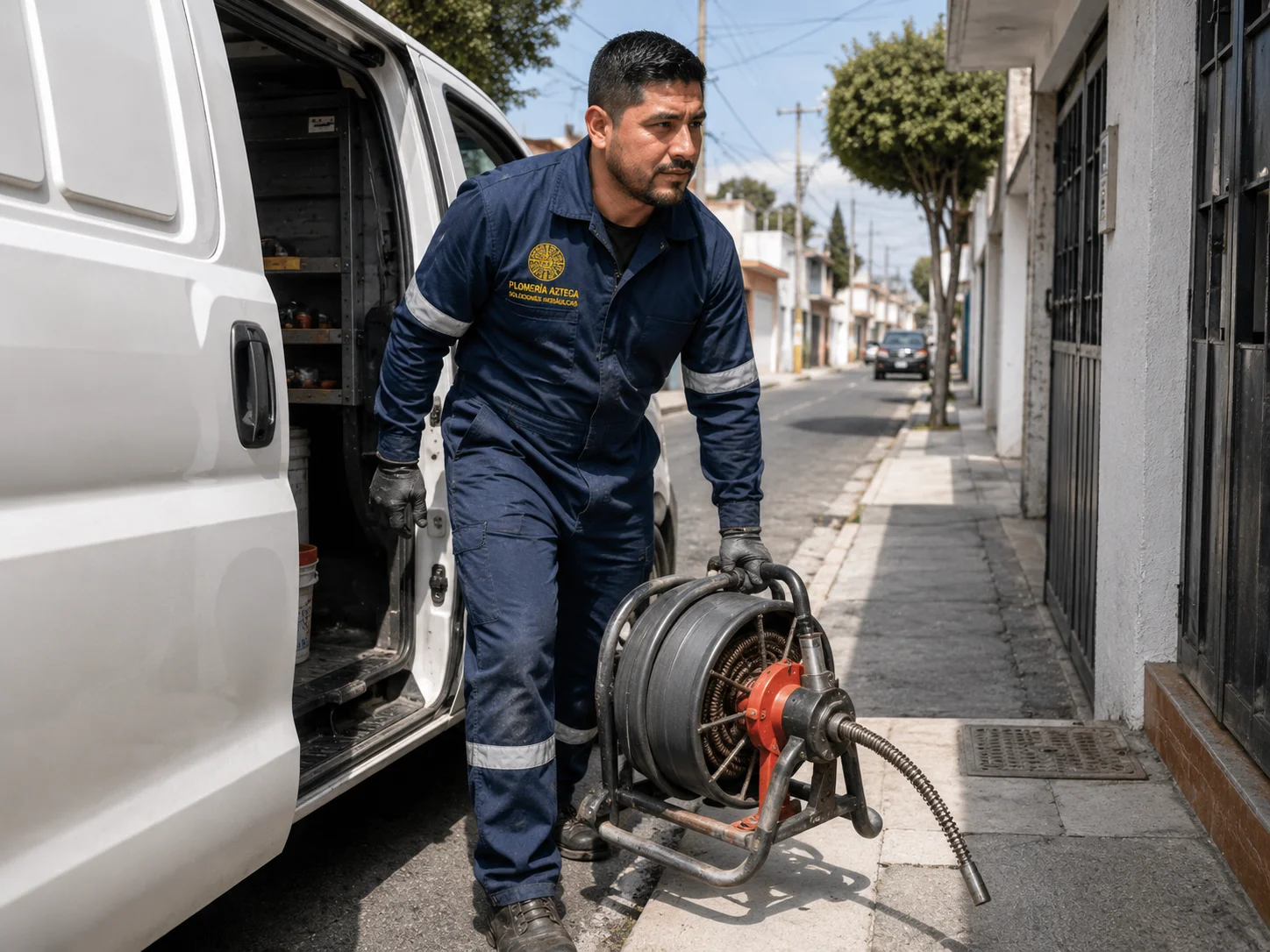 Plomero de Plomería Azteca llegando con máquina destapacaños en CDMX