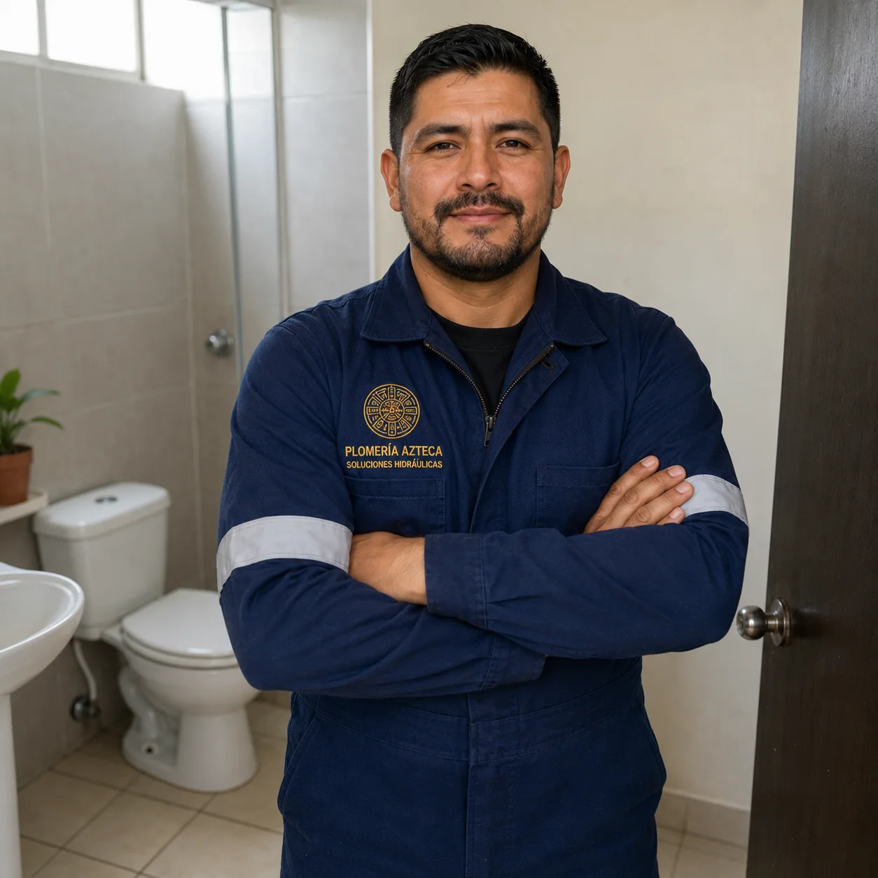 Plomero de Plomería Azteca junto a un WC ya destapado en CDMX