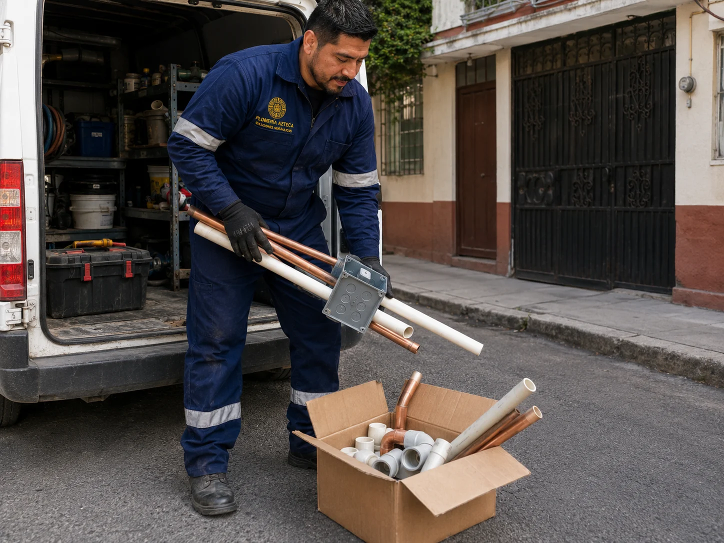 Plomero de Plomería Azteca con material para reparación de tuberías en CDMX