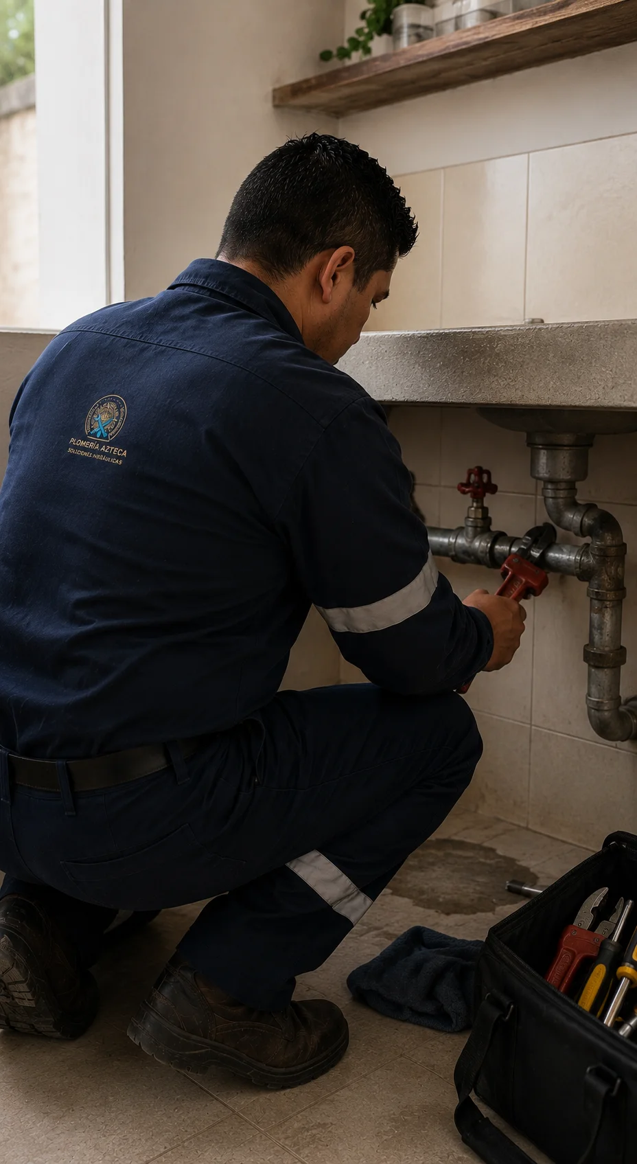 Plomero de Plomería Azteca reparando una tubería bajo el lavabo en CDMX